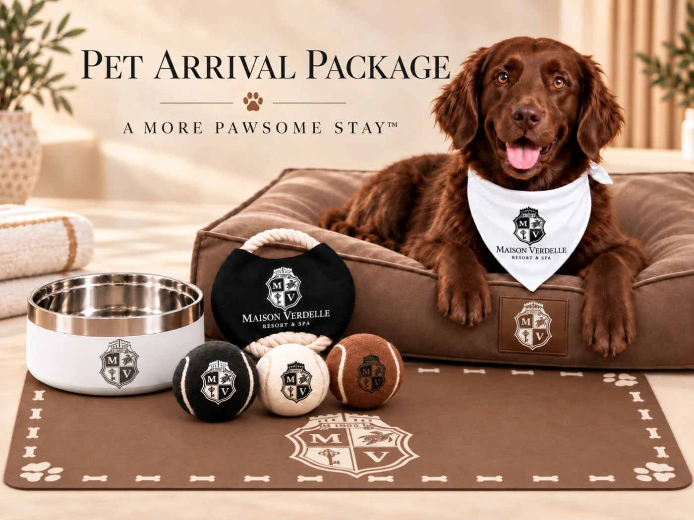Pet arrival package with a branded dog bed, bowl, feeding mat, bandana, rope toy and tennis balls