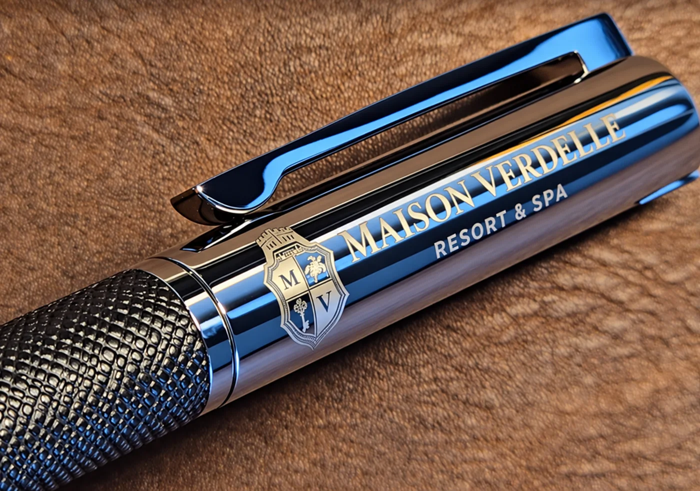 Executive pen with an engraved Maison Verdelle logo, close-up