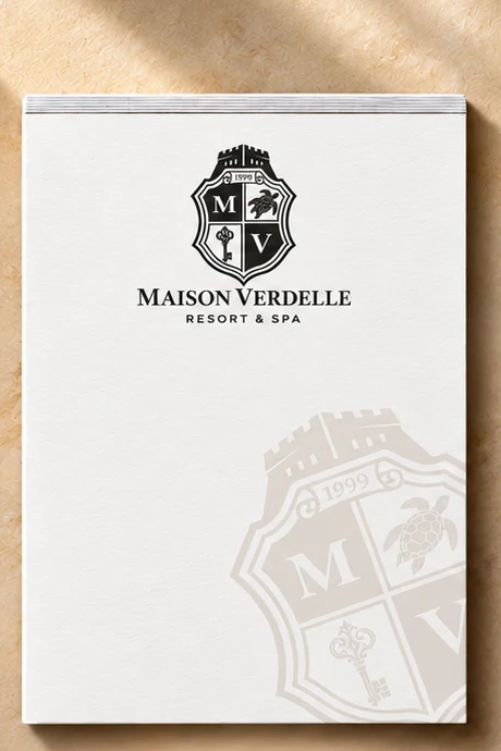 4.25 x 5.5 inch hotel room notepad printed with a hotel logo, next to a pen on a nightstand