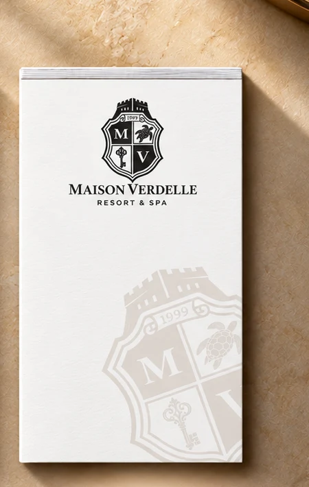 3.5 x 5.5 inch compact hotel notepad with logo beside a bedside phone