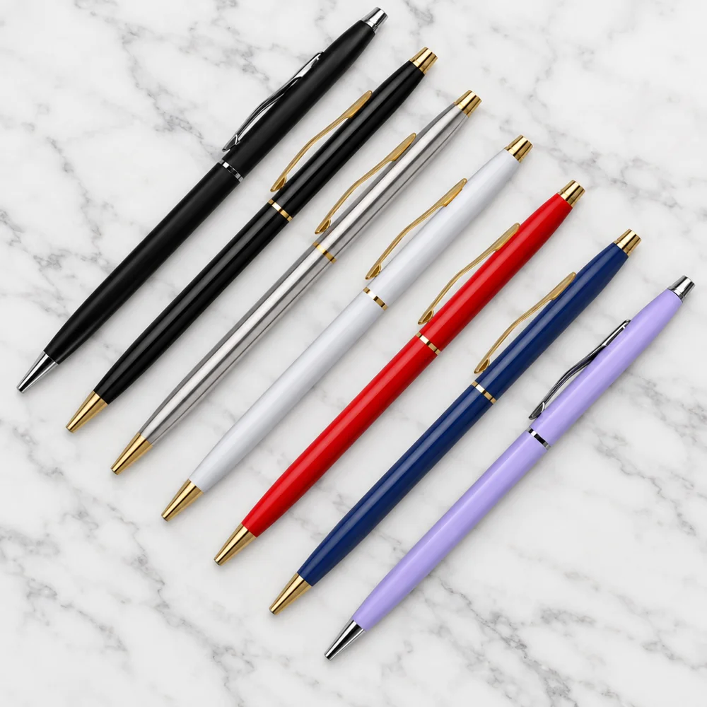 Slim metal pens with gold trim in black, silver, white, red, navy and lilac