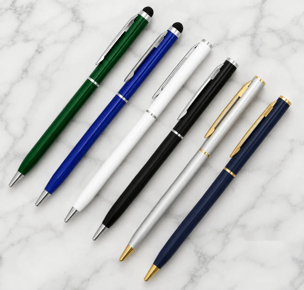 Slim twist stylus pen in green, blue, white, black, silver and navy
