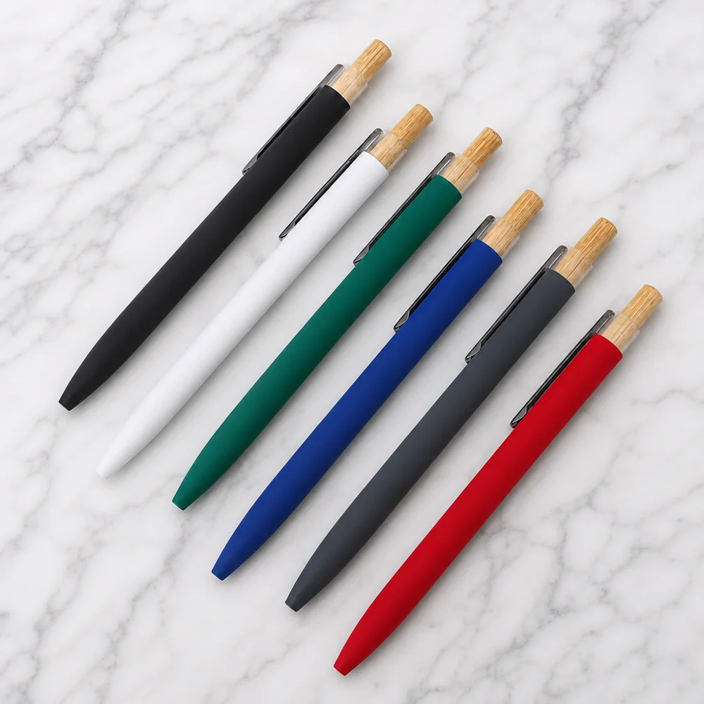 Soft-touch pens with bamboo tops in black, white, green, blue, grey and red