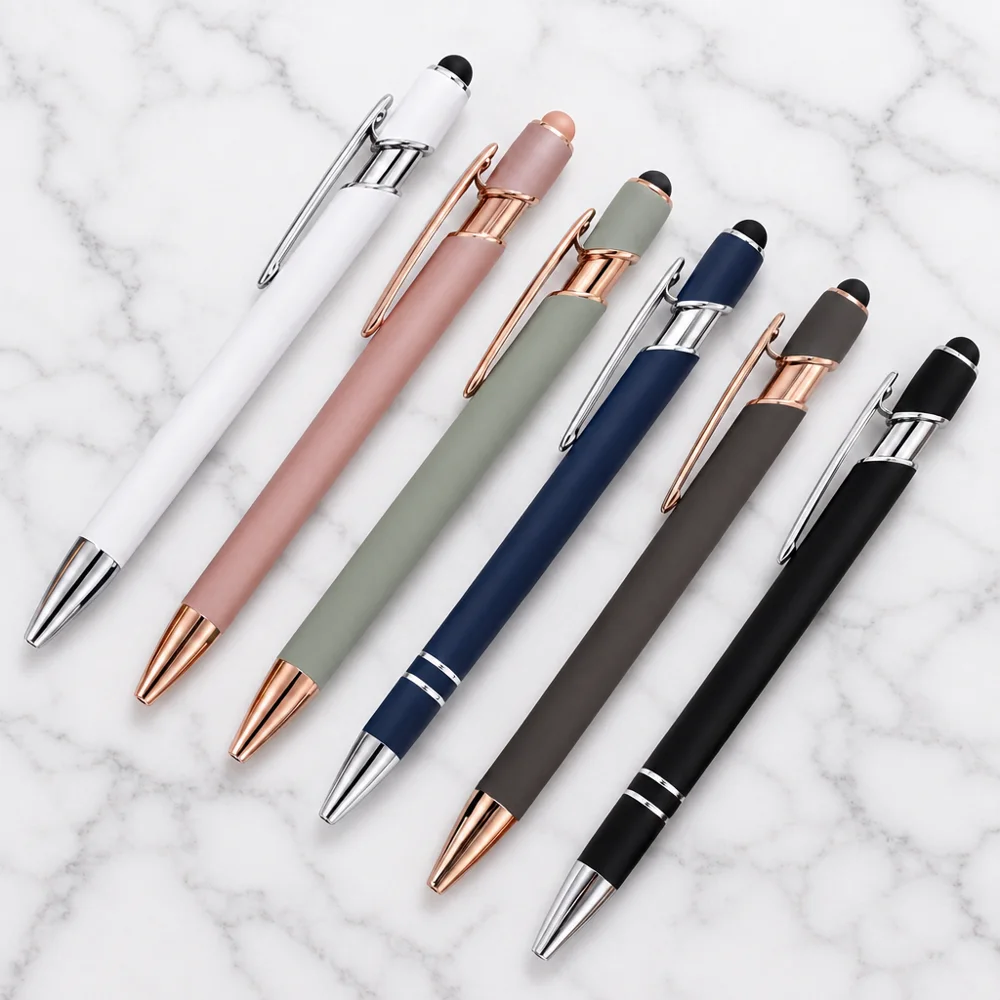Soft-touch stylus pens with rose gold trim in white, pink, sage, navy, grey and black