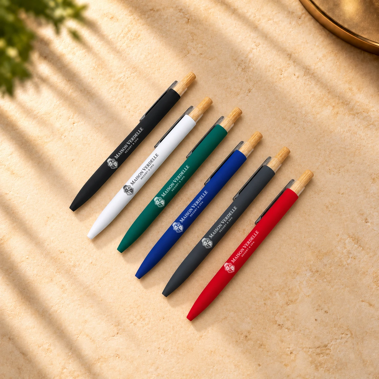 Branded hotel pens in black, white, green, blue, grey and red with bamboo tops