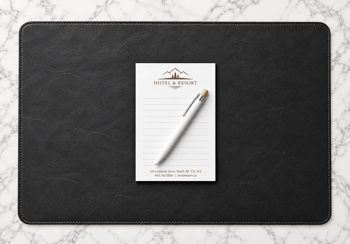 Black executive desk pad with a branded notepad and pen