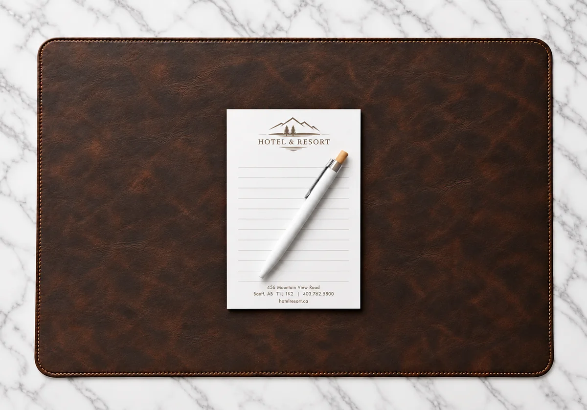 Brown executive desk pad with a branded notepad and pen