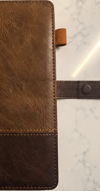 Brown executive notebook with strap and pen loop on marble
