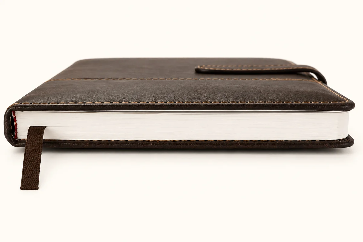 Side view of the brown notebook: 200 pages and ribbon bookmark