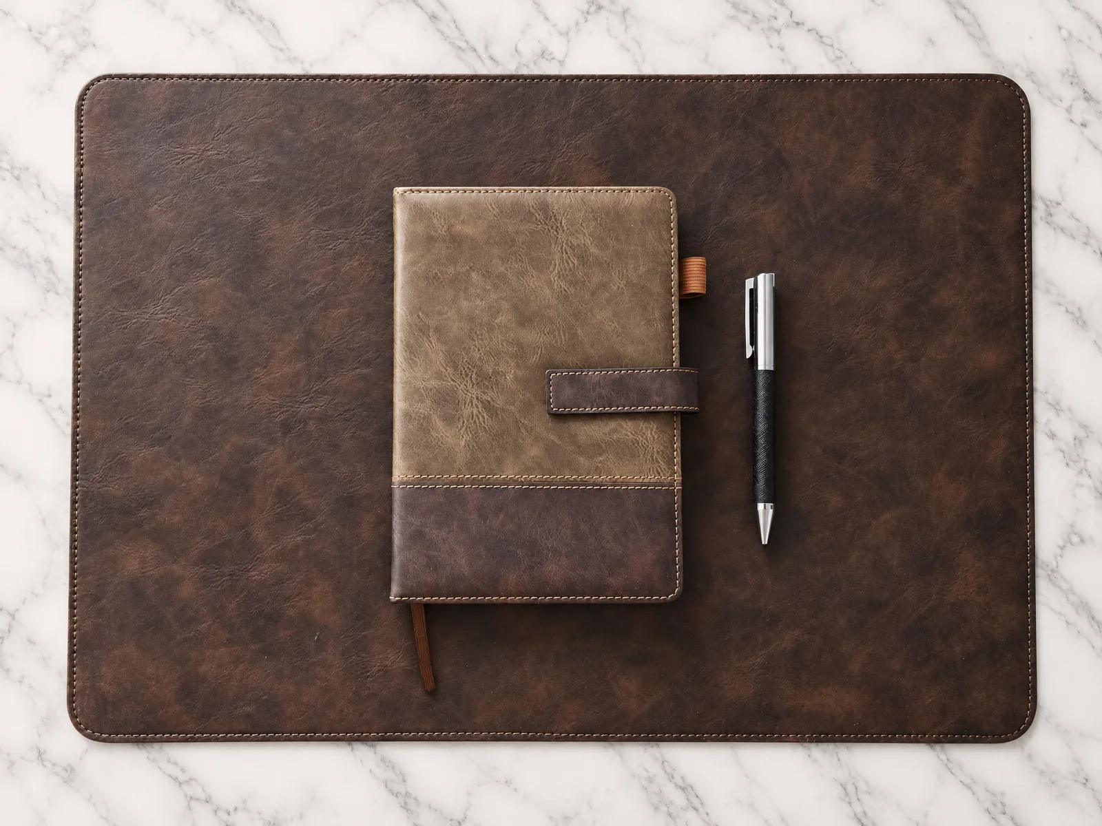 VIP Setup in brown: executive branded notebook, desk pad and pen